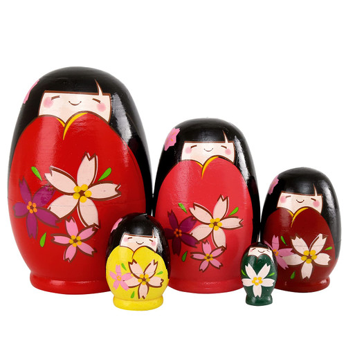 Moonmo 5pcs Beautiful Handmade Wooden Japanese Girl Russia Nesting Dolls Gift Russian Nesting Wishing Dolls Matryoshka Traditional
