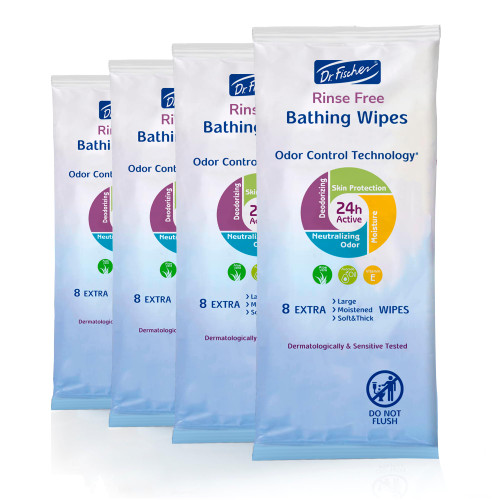 Dr. Fischer Rinse Free Bathing Wipes - Large Hygienic Cleansing Body Wipes for Adults - Disposable Shower Wipes (32 Large Wipes). Bath Wipes for Adults. Convenient Travel Body Wipes.