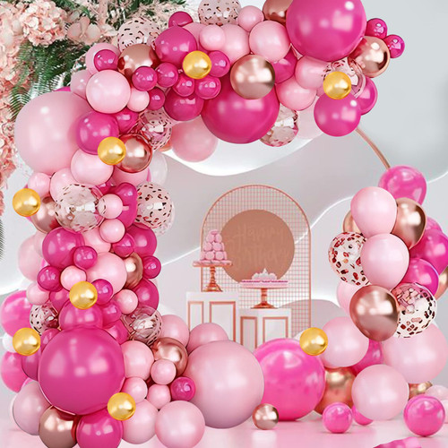 INFLORAL Valentine's Day Balloon Arch Kit Pink Hot Pink Pastel Pink Chrome and Confetti Balloons Garland Kit for Girl's Birthday Bridal Party Baby Shower Princess Theme Party Decorations Supplies