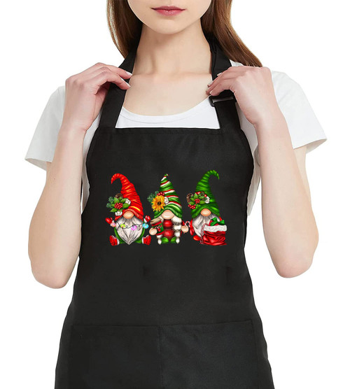 GXVUIS Cute Christmas Gnomes Apron for Women with 2 Pockets Aesthetic Party Waterproof Adjustable Bib Kitchen Cooking Apron Black