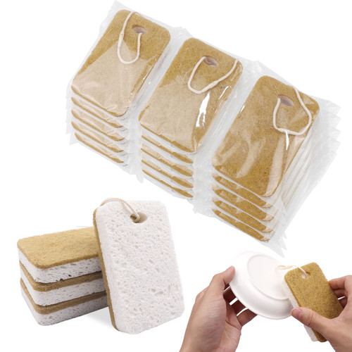 Natural Sponge, Sponges Individually Wrapped, Non Scratch Kitchen Cleaning Sponge Scouring Pad Cellulose Coconut Scrubbing Sponge for Washing Dishes (Pack of 12 - Yellow)
