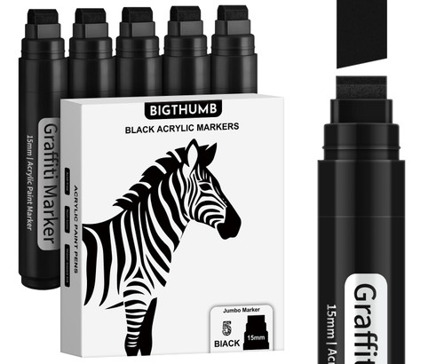 BIGTHUMB Black Poster Markers Jumbo: 5 Pcs 15mm Wide Tip Thick Acrylic Paint Pen Large Permanent Calligraphy Graffiti Markers for Rock Painting, Stone, Poster, Canvas, Glass, Wood, Ceramic