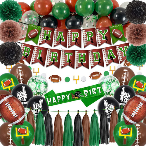 Football Birthday Party Decorations Pack 56 Pcs Super Bowl Party Supplies Set Include Happy Birthday Banner, Paper Pom Poms, Balloons, Tassel Garland, Birthday Sash for Football Sports Theme Party