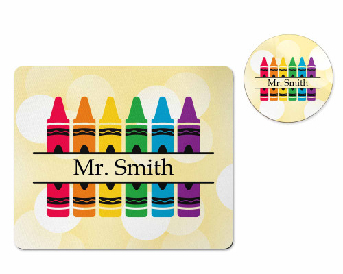 Yellow Personalized Mousepad and Coaster Desk Set Gift for Teachers Back to School Supplies Crayons Classroom Decor Custom Handmade by The Painted Pug (Yellow Crayon)