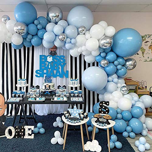 Baby Blue Balloon Arch Garland Kit-Macaron Blue Balloon Metallic Silver Balloon 156Pcs for Birthday,Gender Reveal,Baby Shower,Wedding,Engagement,Christmas Party Decoration.