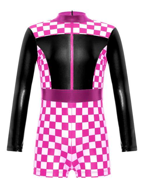 Rswnyirn Kids Girls Race Car Driver Costume Biketard Long Sleeve Racing Cosplay Outfit Checkerboard Print Racer Dress Up Black 14 Years