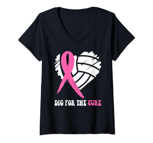 Womens Dig For A Cure Breast Cancer Awareness Volleyball Pink Out V-Neck T-Shirt Womens Dig For A Cure Breast Cancer Awareness Volleyball Pink Out V-Neck T-Shirt