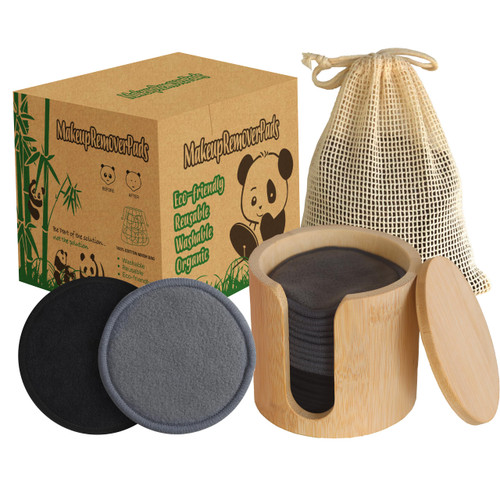 Reusable Bamboo Makeup Remover Pads | 20Pcs Natural Bamboo Reusable Cotton Rounds Makeup Removal Pad| Soft Makeup Remover Set with Bamboo Holder Laundry Bag, Black and Gray