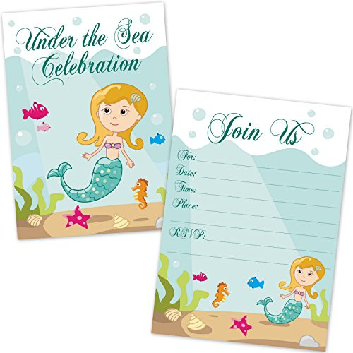 Kids Mermaid Birthday Party Invitations for Girls (20 Count with Envelopes) - Under the Sea Mermaid Party Supplies - Fill in the Blank Invites