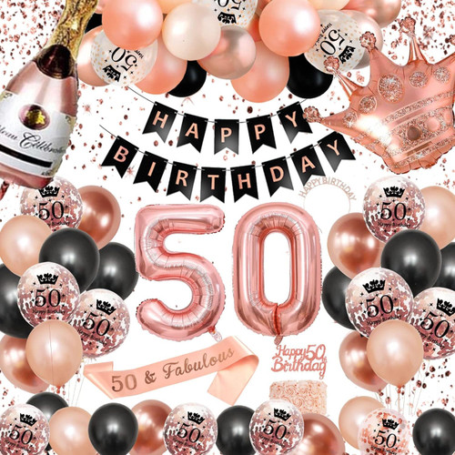 50th Birthday Decorations Women, Happy 50th Birthday Banner, 50 and Fabulous Birthday Decorations Sash Tiara Cake Topper, 50th Birthday Balloons Rose Gold 50 Birthday Party 50 Year Old Bday Decor