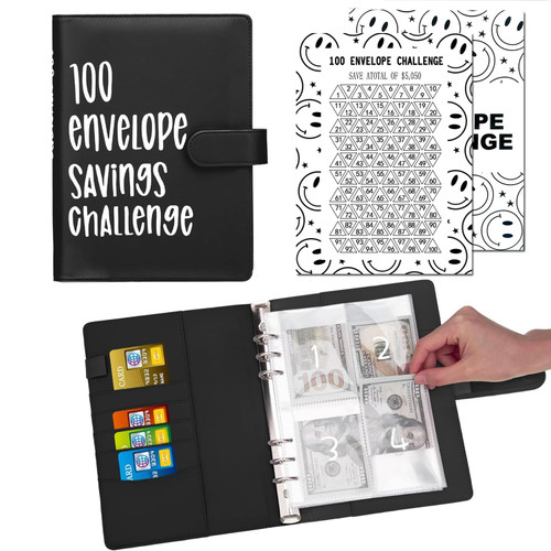 100 envelopes Money Saving Challenge Binder,A5 Money Saving Budget Binder with Cash Envelopes, Savings Challenges Book with envelopes to Save $5,050 (Black) 100 envelopes Money Saving Challenge Binder,A5 Money Saving Budget Binder with Cash Envelopes, Savings Challenges Book with envelopes to Save $5,050 (Black)