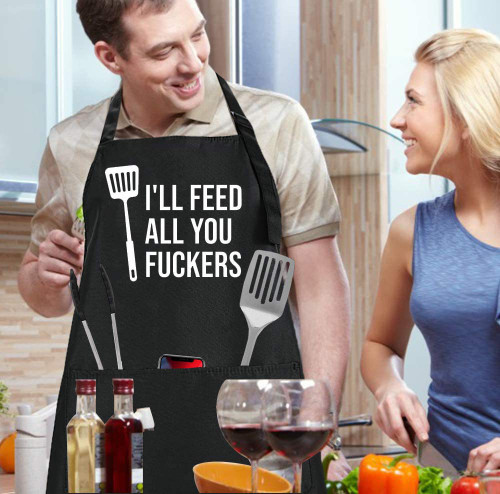 LACOMA Cooking Apron - I'll Feed All You Fuckers - Funny Aprons for Men Women Chef, Adjustable Bib Apron with 3 Pockets and 42.7" Long Ties, Perfect for Grilling, BBQ, Baking (Black)