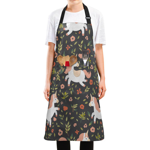 YETTASBIN Unicorn Flowers Bib Apron for Women Men, Waterproof Long Kitchen Aprons with Adjustable Neck & 2 Large Pocket for Chef Cooking Baking Gardening