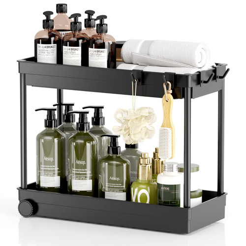 Under Sink Organizer, 2 Tier Under Bathroom Cabinet Storage, Black Counter Organizer with Hooks, Pull Out Sink Storage Rack, Multi-purpose Under Sink Shelf Organizer for Bathroom/Kitchen