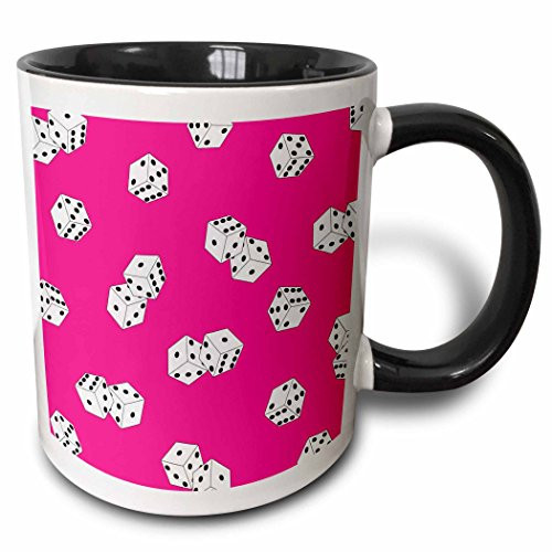 3dRose 35486_4 Pink and White Dice Print" Ceramic Mug, 11 oz, Black
