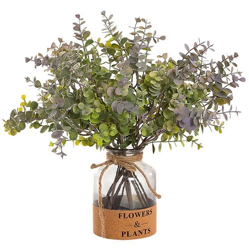 Emivery Artificial Eucalyptus Leaves Stems with Vase, Faux Eucalyptus Plant Greenery Branches in Glass Vase Fake Plants for Home Office Farmhouse Wedding Centerpiece Decor