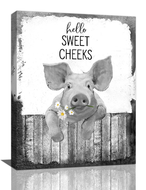 Funny Pig Bathroom Wall Art Farmhouse Pig Bathroom Pictures Wall Decor Rustic Black and White Pig with Daisy Canvas Print Painting Modern Home Framed Artwork for Bedroom Toilet 12"x16"