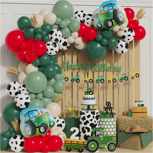 Farm Tractor Birthday Party Supplies 137 Pcs Tractor Balloon Garland Arch Kit Green Tractor with Farm Animal Cow Print Latex Balloons for Tractor Birthday Autumn Harvest Party Decoration