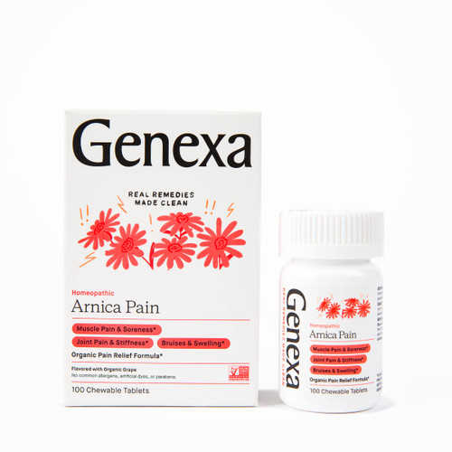 Genexa Arnica Pain Relief Remedy - 100 Chewable Arnica Tablets - Certified Vegan, Organic, Gluten Free & Non-GMO - Homeopathic Remedies