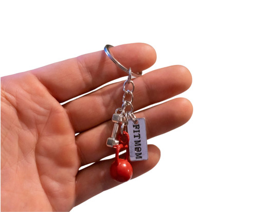 Color Kettlebell Keychain (Red Kettlebell, Small Dumbbell, Fit Mom)