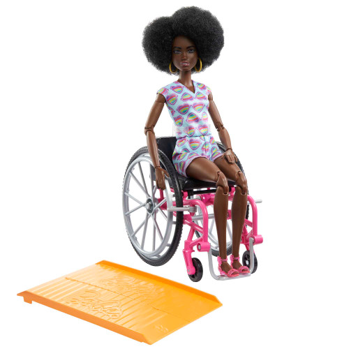 Barbie Doll with Wheelchair and Ramp, Kids Toys, Barbie Fashionistas, Curly Black Hair, Rainbow Heart Romper, Clothes and Accessories Barbie Doll with Wheelchair and Ramp, Kids Toys, Barbie Fashionistas, Curly Black Hair, Rainbow Heart Romper, Clothes and Accessories