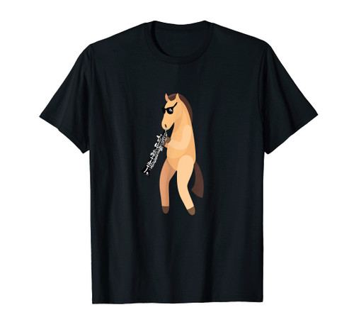 Funny Horse Wearing Sunglasses Playing Oboe T-Shirt