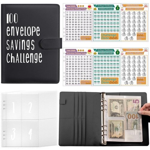 100 Envelopes Money Saving Challenge Binder, A5 Money Saving Challenge Book with Cash Envelopes, Savings Challenges Budget Book Binder to Save $5,050 (Black)