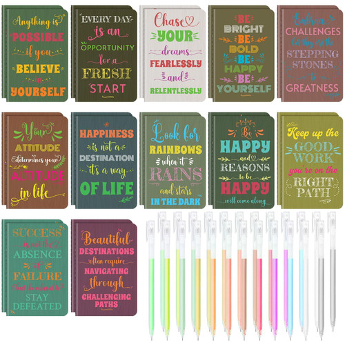 24 Pcs Mini Inspirational Notebooks Bulk with 24 Pcs Colorful Pens, Small Pocket Journal Notepads Set, Motivational Bulk Gifts for Women Men Teacher Student Kids,Fun School Office Supplies,3.5"x5.5"