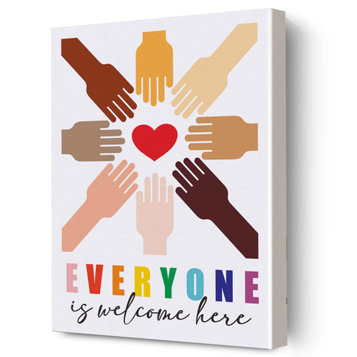 Everyone is Welcome Here Framed Canvas Wall Art, Inspirational Diversity Print Paintings Poster 12" x 15", Perfect Wall Decor for Home Classroom Artwork Gift