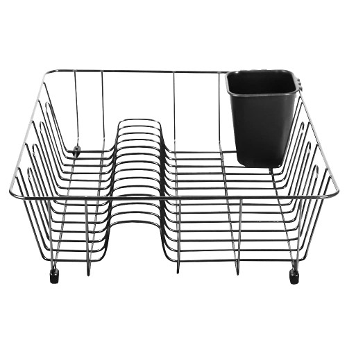 Home Basics Vinyl Coated Wire Dish Rack with Utensil Holder | Neutral Colors | Match Any Kitchen Decor | Slots for Plates | Loops for Mugs & Glass (Large Black)