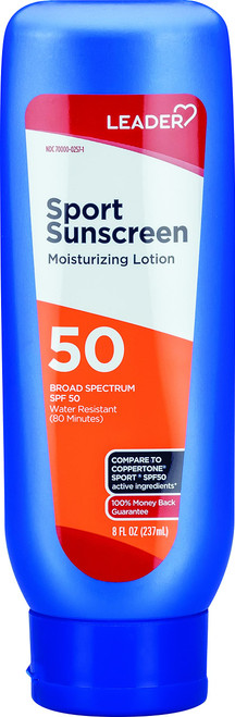 Leader SPORT Sunscreen Lotion Broad Spectrum SPF 50, Water Resistant Moisturizing Lotion, 8 Ounce
