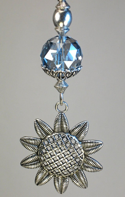 Silvery Textured Sunflower with Pale Blue Faceted Glass Ceiling Fan Pull / Light Pull Chain