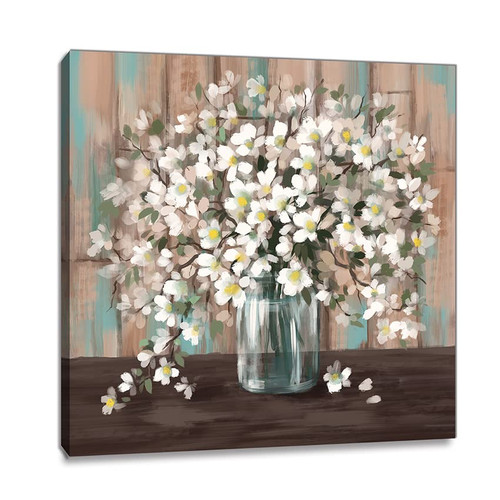 Bathroom Wall Decor Flower Canvas Wall Art Framed Wall Decor Modern Gallery Wall Decor Print White Flower in Bottle Theme Picture Artwork for Walls Ready to Hang for Kitchen Bedroom Decor Size 14x14