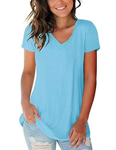 Women's T Shirts Short Sleeve V-Neck Loose Casual Basic Tee Tops Summer T-Shir Lake Blue