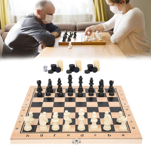 BstXqty 3 in 1 Wooden Chess Set, Folding Portable Interactive Chess Board Toy, Chess Checkers Backgammon, Chess Board Toy Suitable for Kids and Adults(M)
