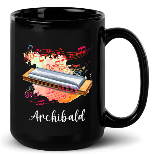 Personalized Harmonica Musician Instruments Travel Coffee Mugs Cups With Choose Name, Customized Harmonica Black Ceramic Mug 11 Oz 15 Oz, Harmonica Player Coffee Cup Gift For Harmonica Lover Birthday