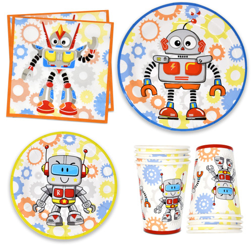 Robot Party Supplies Tableware Set 24 9" Paper Dinner Plates 24 7" Dessert Plate 24 9 Oz. Cups 24 Luncheon Napkins for Robots Gears Birthday Boys Girls Disposable Dinnerware Decorations Multicolor