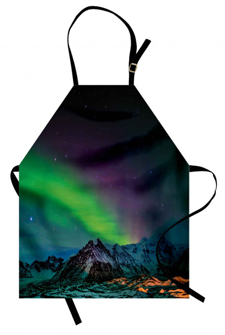 Ambesonne Aurora Borealis Apron, Southern Iceland on Sky over Rocky Hills Wild Night View, Unisex Kitchen Bib with Adjustable Neck for Cooking Gardening, Adult Size, Blue Lime