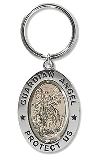 Guardian Angel 3 1/4" Zinc Alloy Silver Plate Revolving Dual Tone Key Ring with Prayer