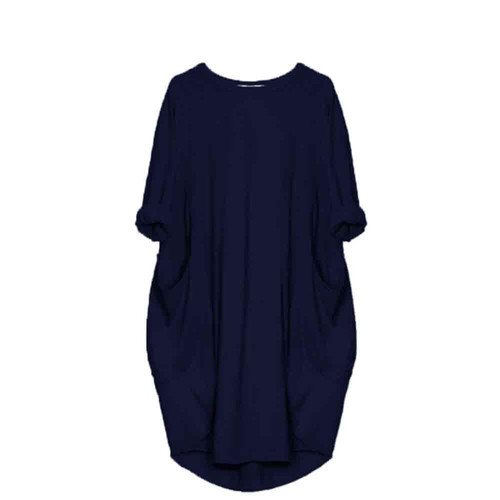 ZWRXW Womens Oversized Tunic Dress Casual Roll-Up Sleeve Baggy T Shirt Dress Loose Plus Size Party Midi Dresses with Pockets Navy