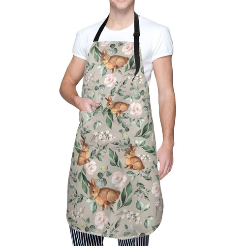 Oplp Cute Bunnies Pink Flower Waterproof Apron Rabbit Cooking Kitchen Apron Unisex Adjustable Apron