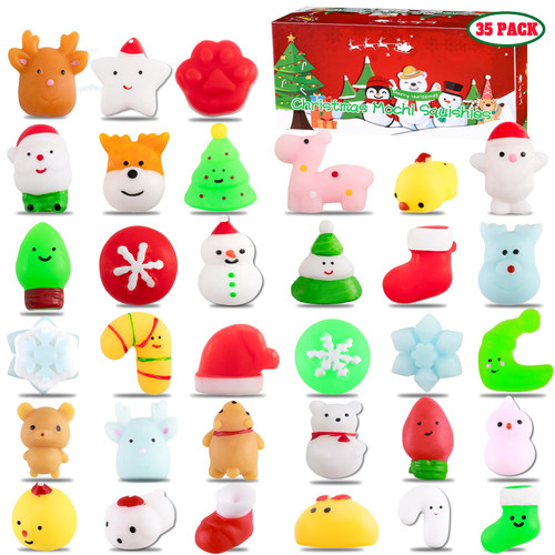 YEAH homemate 35PCS Christmas Mochi Squishy Toys, Christmas Stocking Stuffers for Kids, Squishies Party Favors Gifts Stress Reliever Toys, Treasure Box Toys for Prizes Goodie Bag Stuffers
