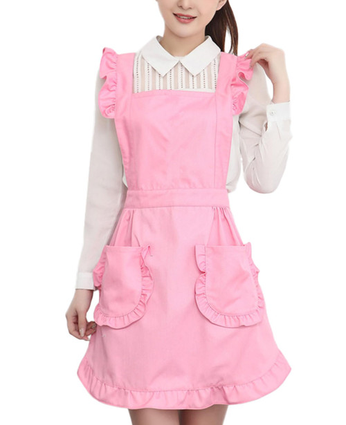 Yuaxme Cute Aprons Retro Kitchen Cooking Aprons Adjustable Ruffle Apron for Cafe Shop Baking Gardening (Pink)