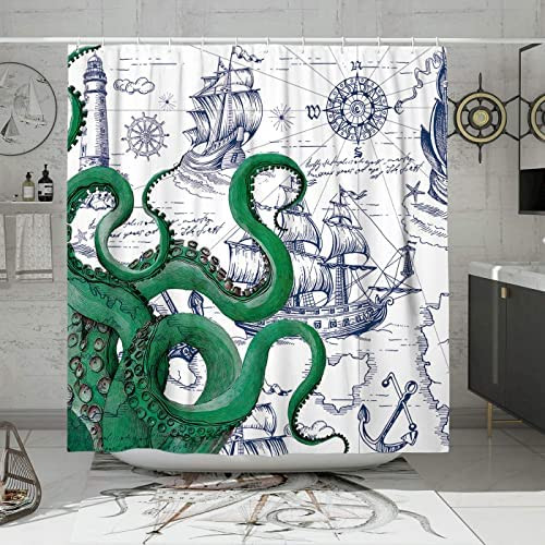 DESIHOM Green Nautical Octopus Shower Curtain Set, Funny Ocean Kraken Shower Curtains for Bathroom, Beach Coastal Pirate Map Decor Polyester Fabric-62" x 72"