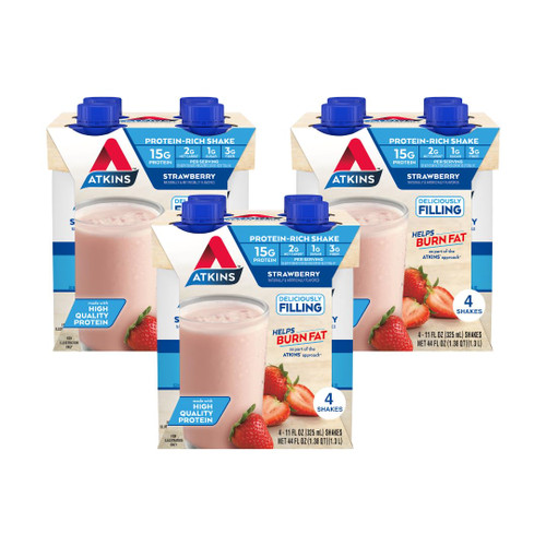 Atkins Strawberry Protein Shake, 15g Protein, Low Glycemic, 2g Net Carb, 1g Sugar, Keto Friendly, 12 Count Atkins Strawberry Protein Shake, 15g Protein, Low Glycemic, 2g Net Carb, 1g Sugar, Keto Friendly, 12 Count
