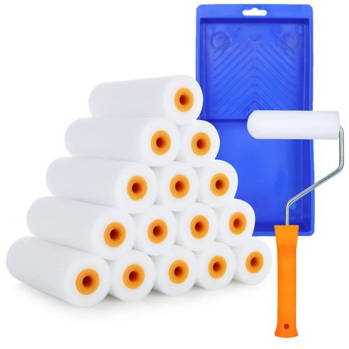 FVIEXE Small Paint Roller Kit, 15PCS 4 Inch Mini Foam Paint Roller Cover with 1 Paint Tray and 1 Roller Frame, Foam Paint Rollers Refills House Painting Roller Brush Set for Furniture Wall Cabinet FVIEXE Small Paint Roller Kit, 15PCS 4 Inch Mini Foam Paint Roller Cover with 1 Paint Tray and 1 Roller Frame, Foam Paint Rollers Refills House Painting Roller Brush Set for Furniture Wall Cabinet