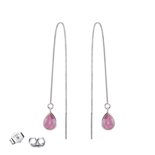 Cubic Zirconia Teardrop Sterling Silver Threader Earrings for Women, Hot Pink