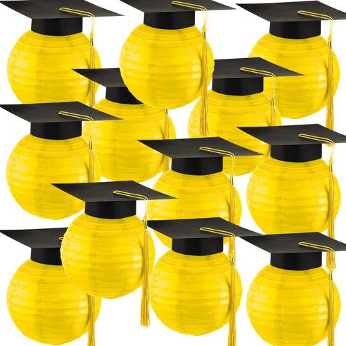 12 Pieces Bulk Graduation Cap Hanging Paper Lanterns Grad Cap Paper Lanterns Graduation Lanterns with Black Grad Hat Tassel Lanterns Graduation Party Hanging Decorations (Yellow)