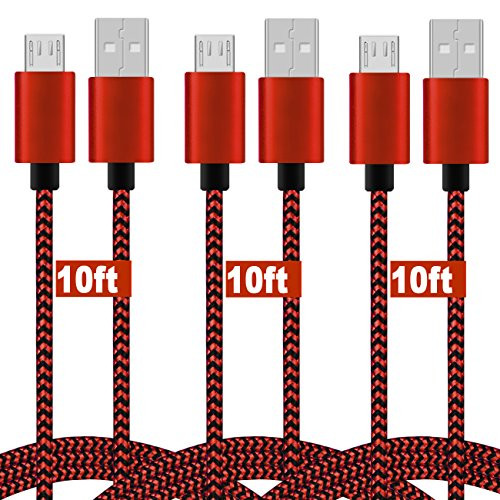 Micro USB Cable, 10ft 3 Pack Extra Long Charging Cord Nylon Braided High Speed Durable Fast Charging USB Charger Android Cable for Samsung Galaxy S7 Edge S6 S5,Android Phone,LG G4,HTC, Red