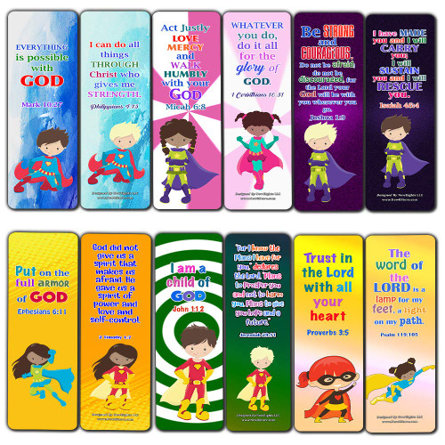 Religious Bookmarks for Kids - Super Hero (60 Pack) - Perfect Gift Away for Sunday School and Ministries - Church Memory Verse Sunday School Rewards - Christian Stocking Stuffers Birthday Bulk Pack